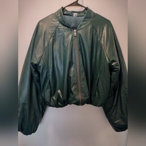 Double Zero Dark Green Faux Leather Bomber Jacket
